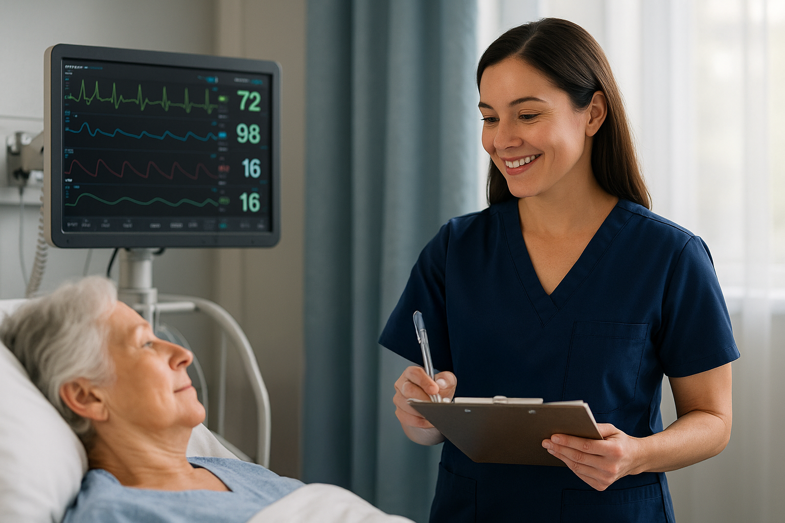 A nurse in navy scrubs smiles while holding a clipboard and pen beside a hospital bed, engaging with an elderly female patient as vital signs are displayed on a nearby monitor.