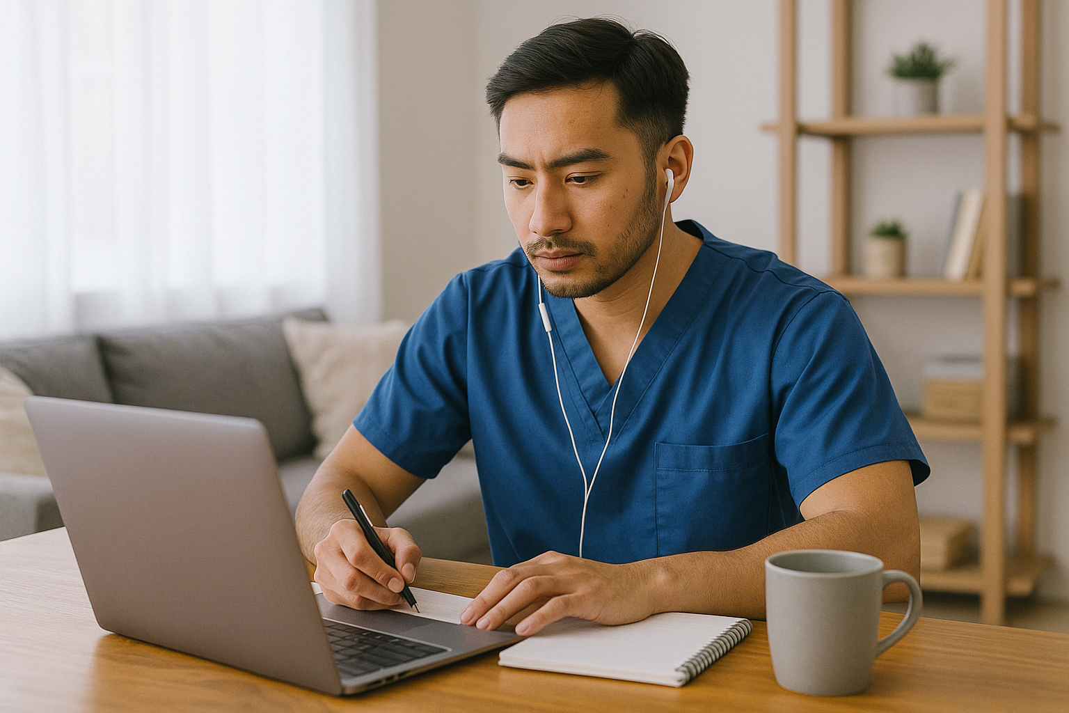 A man in blue scrubs sits at a desk with a laptop, taking notes in a notebook while wearing wired earbuds, appearing focused during an online learning session.