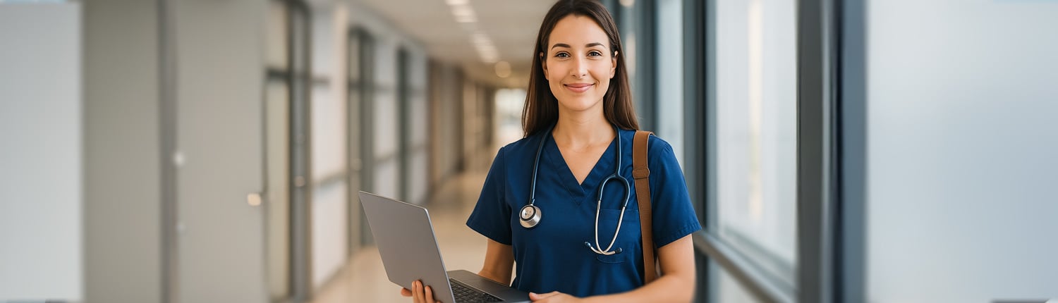 A young nurse in navy blue scrubs stands in a bright hospital corridor, smiling and holding a laptop, with a stethoscope draped around her neck.